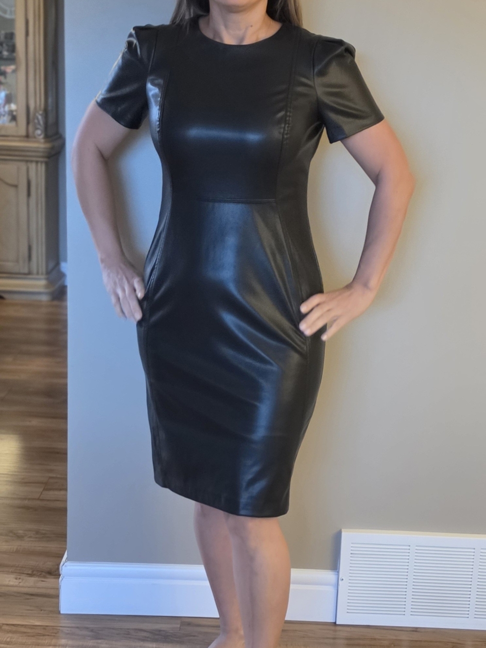Classic Black Faux-Leather Sheath Dress - Sleek Women's Dress